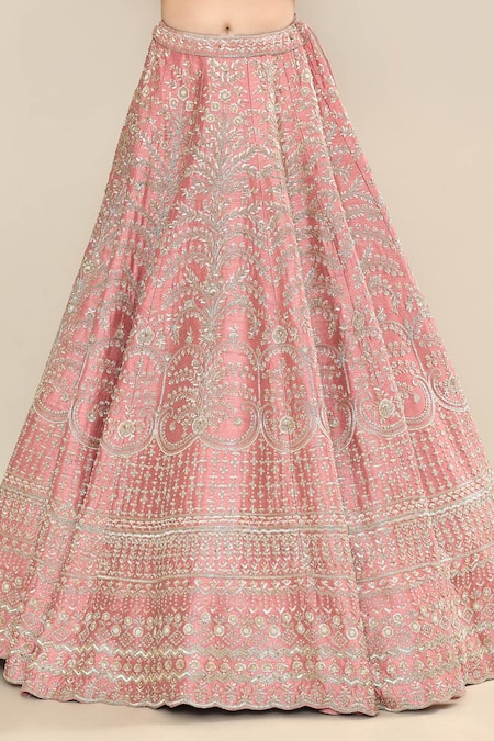 Kalighata_Pink Silk, Chiffon Cut Work, Sequins, Embroidery Hand Bridal Lehenga Set _Online_at_Aza_Fashions