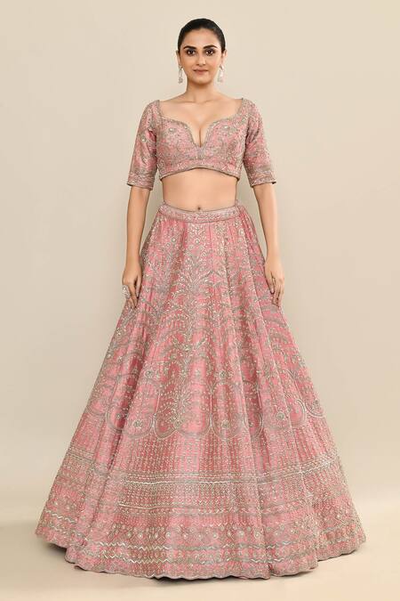 Buy_Kalighata_Pink Silk, Chiffon Cut Work, Sequins, Embroidery Hand Bridal Lehenga Set _Online_at_Aza_Fashions