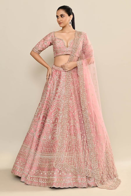 Shop_Kalighata_Pink Silk, Chiffon Cut Work, Sequins, Embroidery Hand Bridal Lehenga Set _Online_at_Aza_Fashions