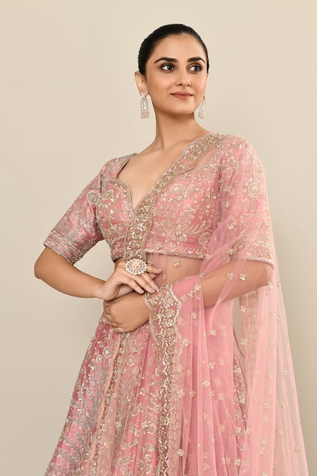 Kalighata_Pink Silk, Chiffon Cut Work, Sequins, Embroidery Hand Bridal Lehenga Set _at_Aza_Fashions