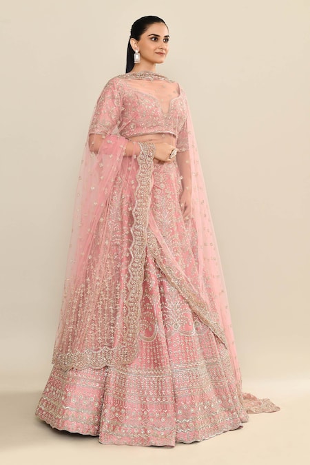 Buy_Kalighata_Pink Silk, Chiffon Cut Work, Sequins, Embroidery Hand Bridal Lehenga Set 