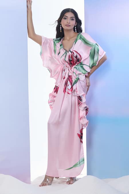 Pria Kataria Puri_Pink Satin Print Tulip Blossom Wavy Neck Ruffled Kaftan _Online_at_Aza_Fashions