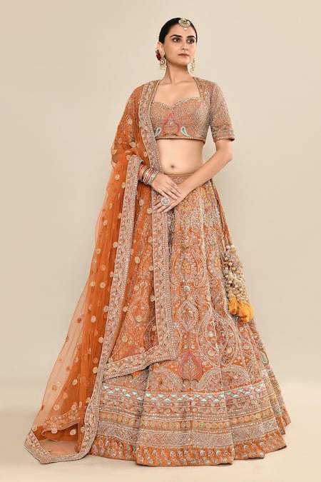 Buy_Kalighata_Yellow Silk, Chiffon, Net Cut Work, Sequins, Floral Bridal Lehenga Set _Online_at_Aza_Fashions