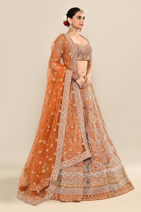 Kalighata_Yellow Silk, Chiffon, Net Cut Work, Sequins, Floral Bridal Lehenga Set _at_Aza_Fashions