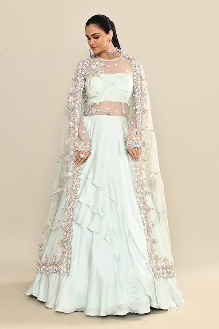 Kalighata_Aqua Silk Sequins, Embroidery Round Neck Floral Gown Set _Online_at_Aza_Fashions
