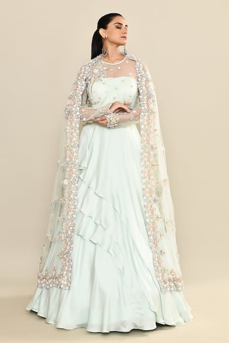 Buy_Kalighata_Aqua Silk Sequins, Embroidery Round Neck Floral Gown Set _Online_at_Aza_Fashions