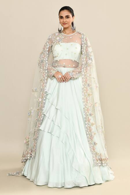 Shop_Kalighata_Aqua Silk Sequins, Embroidery Round Neck Floral Gown Set _Online_at_Aza_Fashions