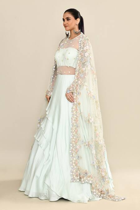 Kalighata_Aqua Silk Sequins, Embroidery Round Neck Floral Gown Set _at_Aza_Fashions