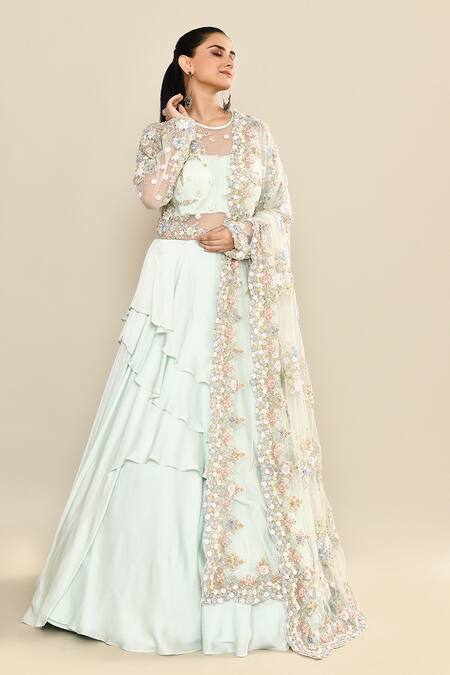 Buy_Kalighata_Aqua Silk Sequins, Embroidery Round Neck Floral Gown Set 