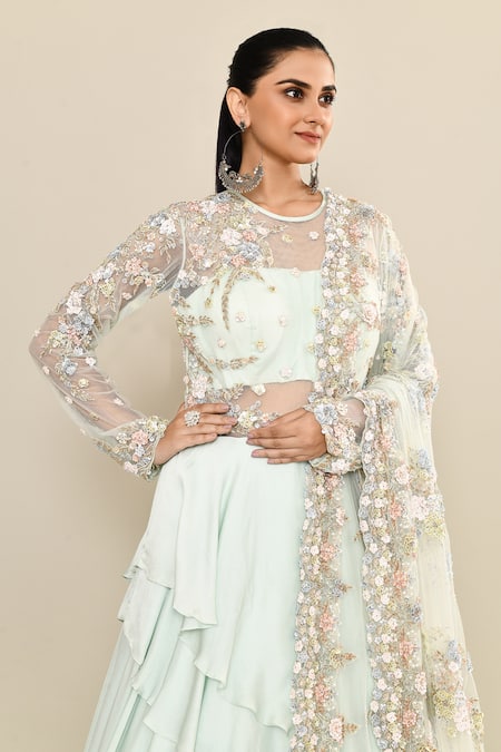 Shop_Kalighata_Aqua Silk Sequins, Embroidery Round Neck Floral Gown Set 