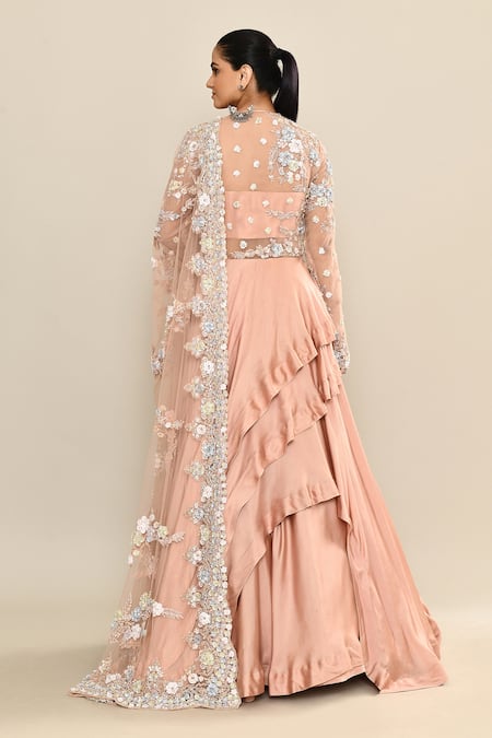 Kalighata Peach Floral Sequin Embroidered Gown & Dupatta 