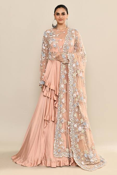 Kalighata_Peach Silk Sequins, Embroidery Round Neck Floral Gown And Dupatta _Online_at_Aza_Fashions