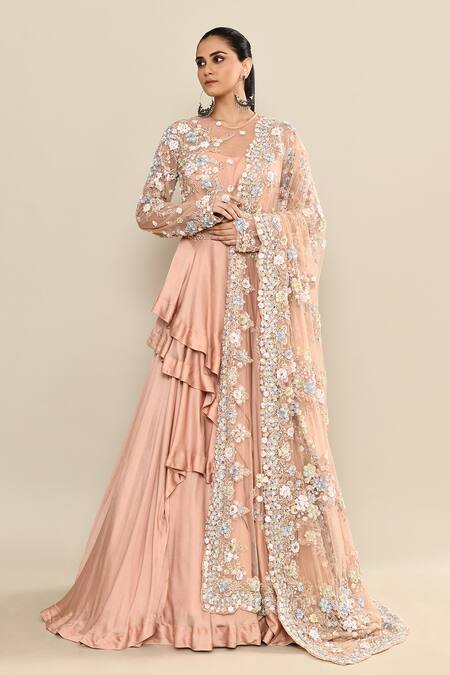 Buy_Kalighata_Peach Silk Sequins, Embroidery Round Neck Floral Gown And Dupatta _Online_at_Aza_Fashions