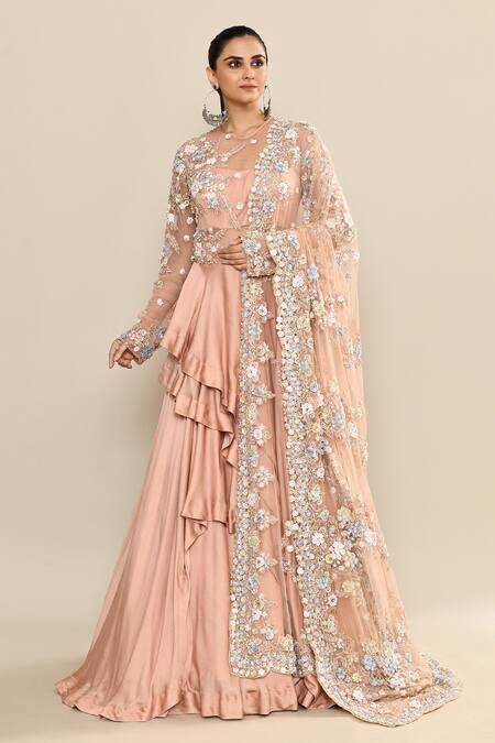 Shop_Kalighata_Peach Silk Sequins, Embroidery Round Neck Floral Gown And Dupatta _Online_at_Aza_Fashions
