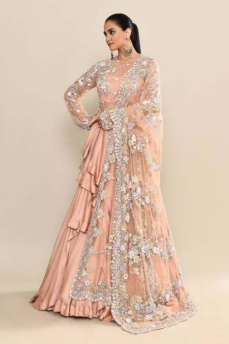 Kalighata_Peach Silk Sequins, Embroidery Round Neck Floral Gown And Dupatta _at_Aza_Fashions