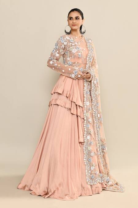 Buy_Kalighata_Peach Silk Sequins, Embroidery Round Neck Floral Gown And Dupatta 