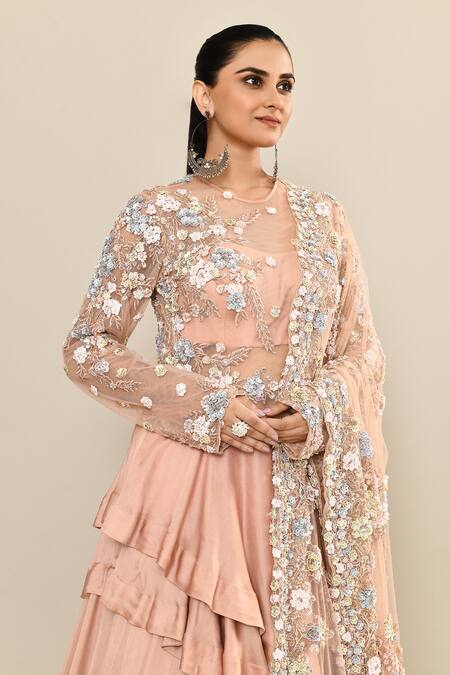 Shop_Kalighata_Peach Silk Sequins, Embroidery Round Neck Floral Gown And Dupatta 
