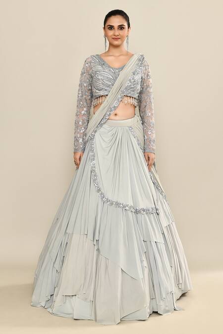 Kalighata_Gray Organza Sequins, Embroidery Scoop Neck Draped Lehenga With Blouse _Online_at_Aza_Fashions
