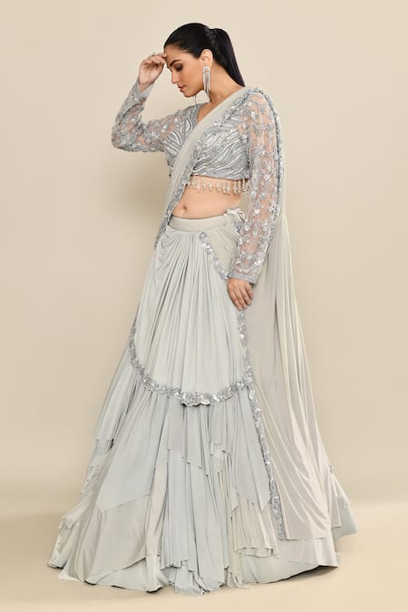 Shop_Kalighata_Gray Organza Sequins, Embroidery Scoop Neck Draped Lehenga With Blouse _Online_at_Aza_Fashions