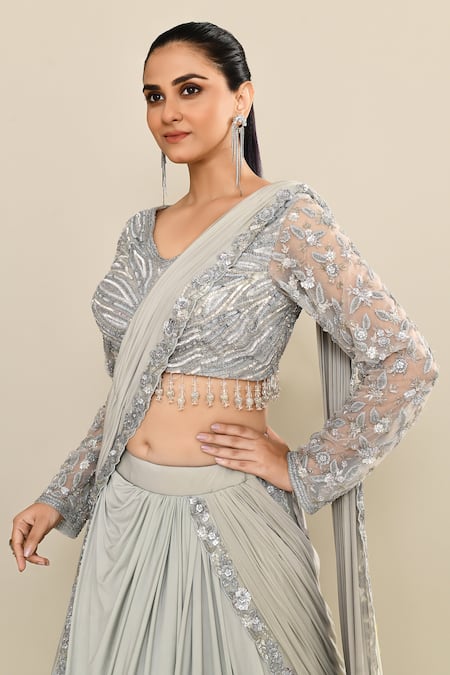 Kalighata_Gray Organza Sequins, Embroidery Scoop Neck Draped Lehenga With Blouse _at_Aza_Fashions
