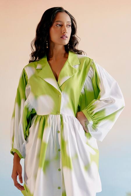 Echostudio_White Cotton Satin Printed Floral Lapel Collar Button Down Shirt Dress _Online_at_Aza_Fashions