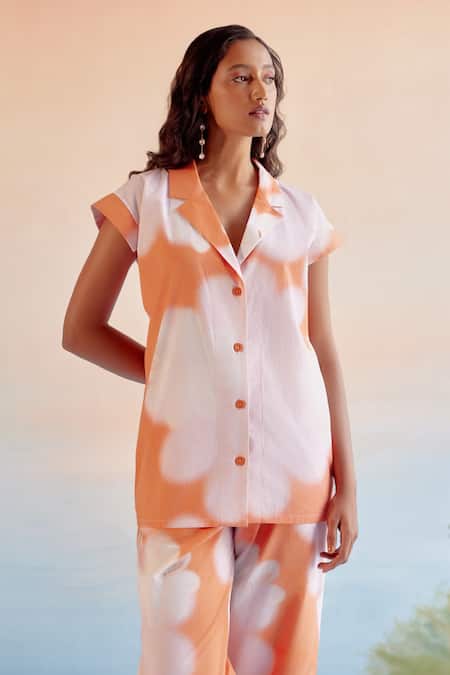 Shop_Echostudio_Orange Cotton Poplin Printed Abstract Floral Lapel Collar Shirt And Pant Set _Online_at_Aza_Fashions