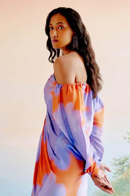 Echostudio Purple Modal, Viscose Halter Neck Floral Print Off-shoulder Midi Dress Online at Aza Fashions Echostudio_Purple Modal, Viscose Halter Neck Floral Print Off-shoulder Midi Dress_Online_at_Aza_Fashions