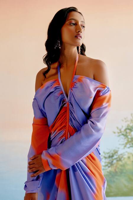 Buy Echostudio Purple Modal, Viscose Halter Neck Floral Print Off-shoulder Midi Dress Online at Aza Fashions Buy_Echostudio_Purple Modal, Viscose Halter Neck Floral Print Off-shoulder Midi Dress_Online_at_Aza_Fashions