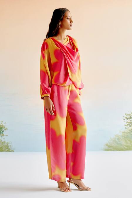 Echostudio_Yellow Modal Viscose Printed Floral Cowl Neck Pant Set _Online_at_Aza_Fashions