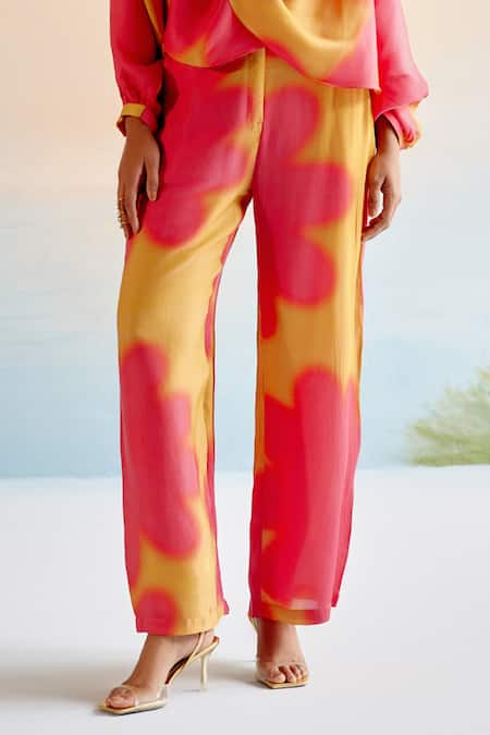 Buy_Echostudio_Yellow Modal Viscose Printed Floral Cowl Neck Pant Set _Online_at_Aza_Fashions