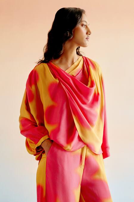 Shop_Echostudio_Yellow Modal Viscose Printed Floral Cowl Neck Pant Set _Online_at_Aza_Fashions