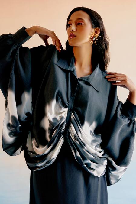 Echostudio_Black Modal Viscose Printed Abstract Collar Cowl Neck Top And Skirt Set _Online_at_Aza_Fashions