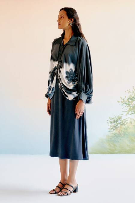 Buy_Echostudio_Black Modal Viscose Printed Abstract Collar Cowl Neck Top And Skirt Set _Online_at_Aza_Fashions