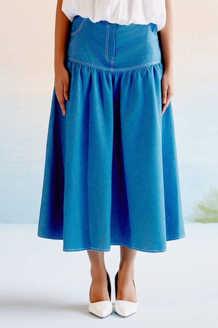 Echostudio_Blue Denim Plain Yolk Style Midi Skirt _Online_at_Aza_Fashions