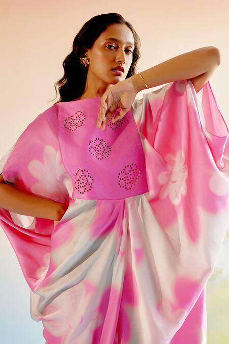 Echostudio_Pink Silk Printed Floral Boat Cutwork Kaftan Dress _Online_at_Aza_Fashions