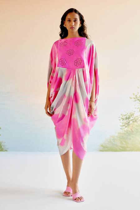 Buy_Echostudio_Pink Silk Printed Floral Boat Cutwork Kaftan Dress _Online_at_Aza_Fashions