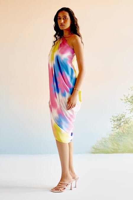 Echostudio_Multi Color Silk Printed Floral One Shoulder Dress _Online_at_Aza_Fashions