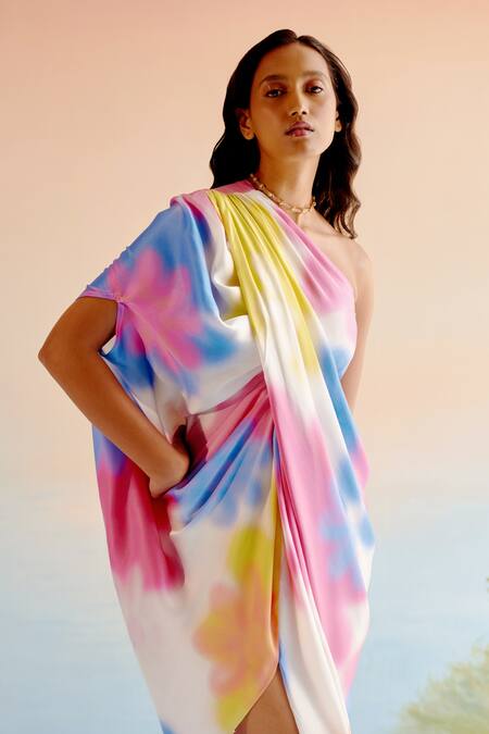 Buy_Echostudio_Multi Color Silk Printed Floral One Shoulder Dress _Online_at_Aza_Fashions