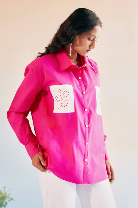Echostudio_Pink Cotton Poplin Patchwork Floral Collar Shirt _Online_at_Aza_Fashions