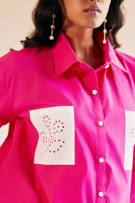 Buy_Echostudio_Pink Cotton Poplin Patchwork Floral Collar Shirt _Online_at_Aza_Fashions