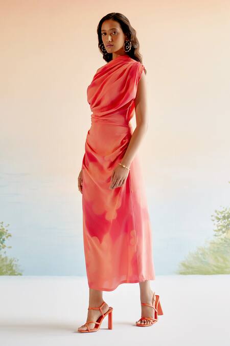 Echostudio_Peach Silk Crepe Printed Abstract Floral One Shoulder Midi Dress _Online_at_Aza_Fashions