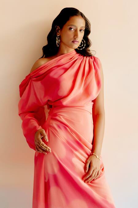 Buy_Echostudio_Peach Silk Crepe Printed Abstract Floral One Shoulder Midi Dress _Online_at_Aza_Fashions