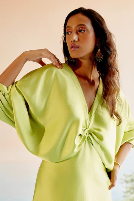 Echostudio_Green Imported Crepe Plain V Neck Gather Detail Midi Dress _Online_at_Aza_Fashions