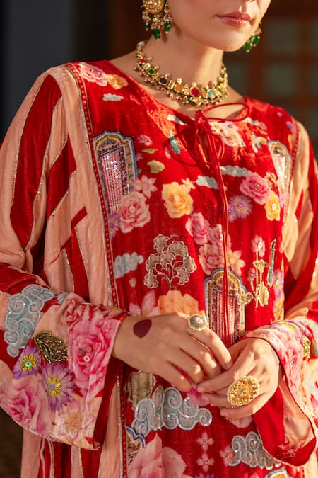 Shop Negra Elegante Red Silk, Velvet Sequins, Tassels Round Floral Embroidered Phiran And Pant Set Online at Aza Fashions Shop_Negra Elegante_Red Silk, Velvet Sequins, Tassels Round Floral Embroidered Phiran And Pant Set _Online_at_Aza_Fashions