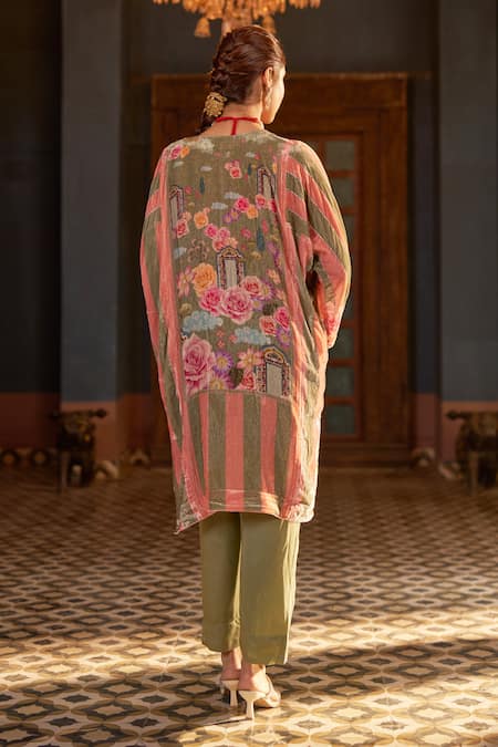 Shop Negra Elegante Green Silk, Velvet Embroidery, Tassels, Sequins Round Floral Phiran And Pant Set at Aza Fashions Shop_Negra Elegante_Green Silk, Velvet Embroidery, Tassels, Sequins Round Floral Phiran And Pant Set _at_Aza_Fashions