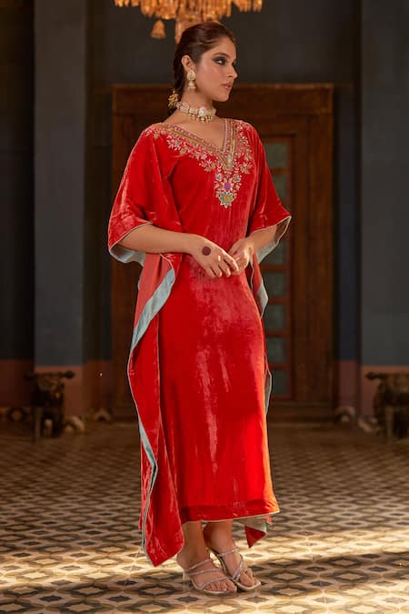 Buy Negra Elegante Orange Silk Embroidery V-neck Velvet Kaftan With Gota Work Online at Aza Fashions Buy_Negra Elegante_Orange Silk Embroidery V-neck Velvet Kaftan With Gota Work _Online_at_Aza_Fashions