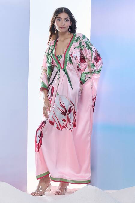 Pria Kataria Puri Pink Satin Print Tulip Blossom V Neck Kaftan Online at Aza Fashions Pria Kataria Puri_Pink Satin Print Tulip Blossom V Neck Kaftan _Online_at_Aza_Fashions