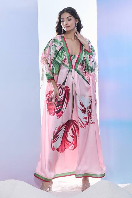 Buy Pria Kataria Puri Pink Satin Print Tulip Blossom V Neck Kaftan Online at Aza Fashions Buy_Pria Kataria Puri_Pink Satin Print Tulip Blossom V Neck Kaftan _Online_at_Aza_Fashions
