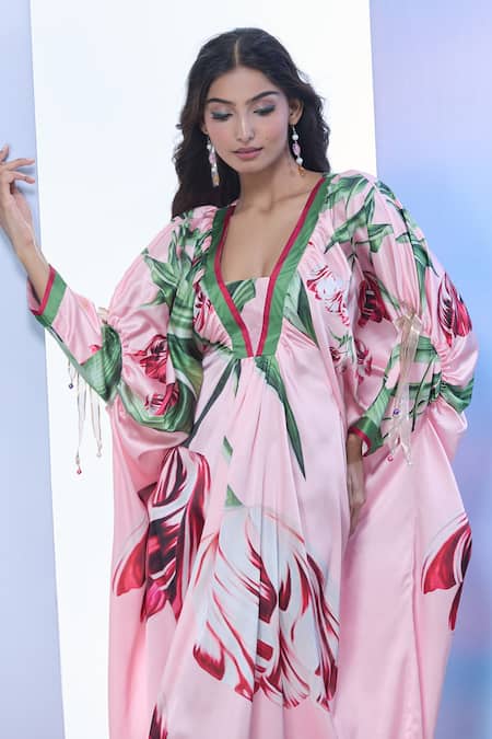 Shop Pria Kataria Puri Pink Satin Print Tulip Blossom V Neck Kaftan Online at Aza Fashions Shop_Pria Kataria Puri_Pink Satin Print Tulip Blossom V Neck Kaftan _Online_at_Aza_Fashions