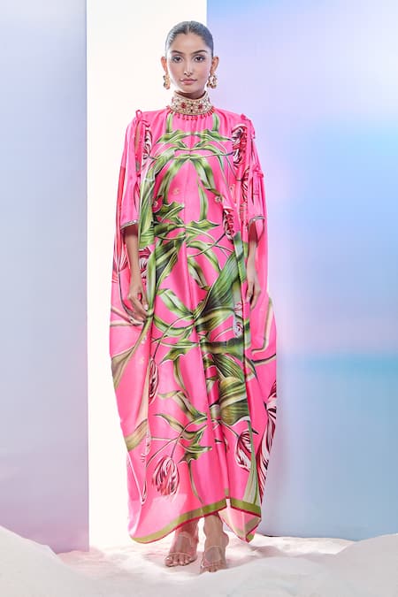 Pria Kataria Puri_Pink Satin Print Tulip Blossom High Collar Kaftan _Online_at_Aza_Fashions